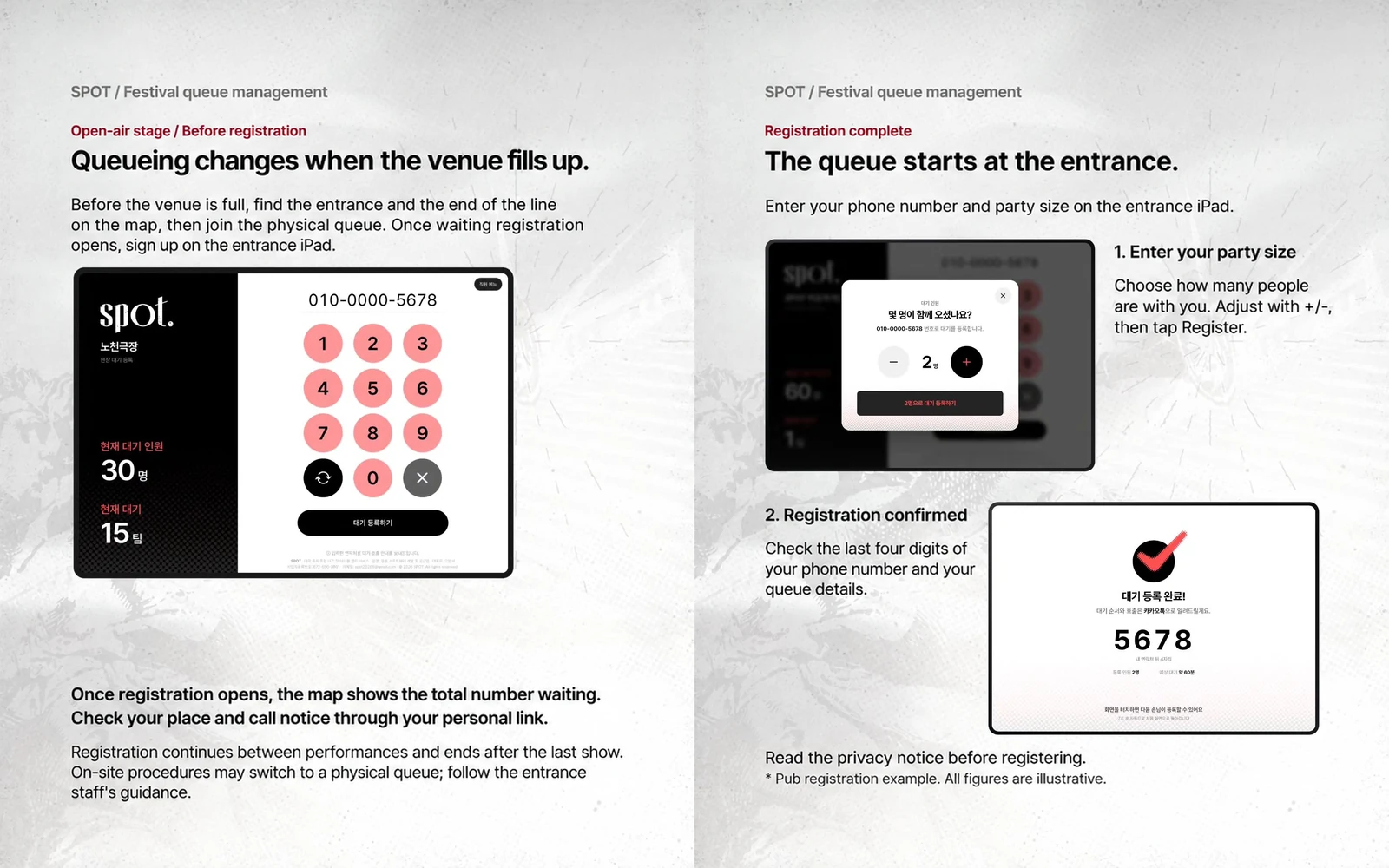 English launch cards showing the concert venue and pub registration iPads